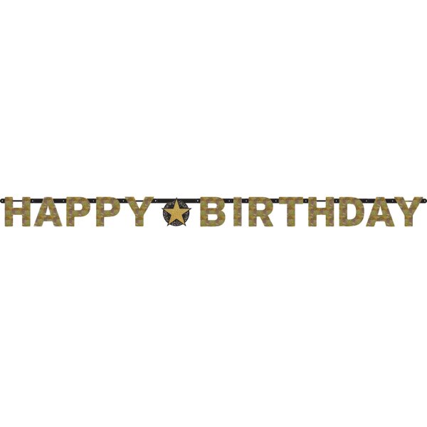 Bänner sädeleva kuldse kirjaga "Happy Birthday"