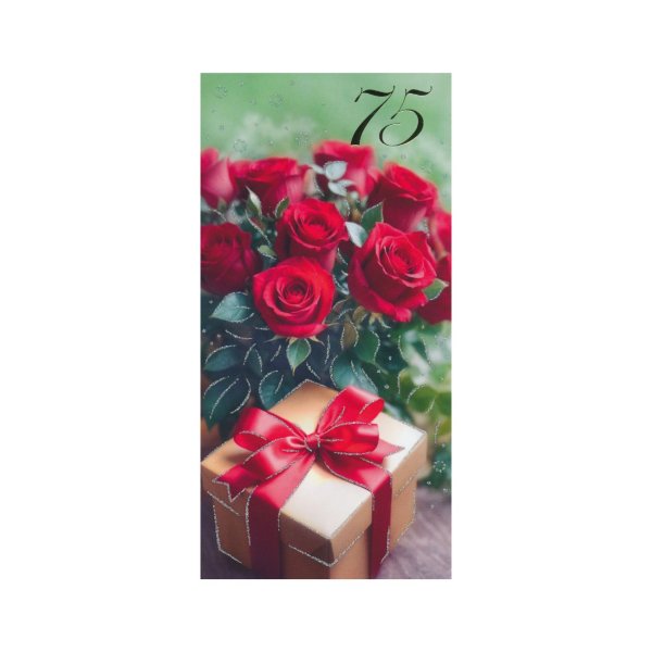 Õnnitluskaart "Punased roosid kingitusega 75"