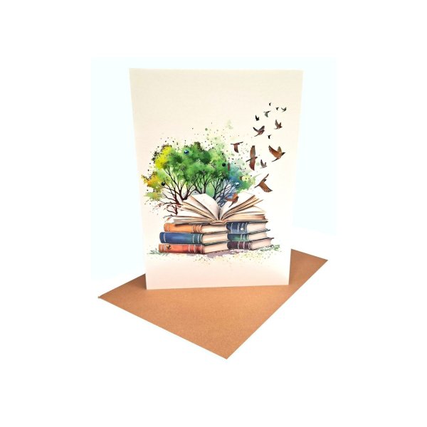 Eksklusiivne õnnitluskaart "Puu raamatute ja lindudega"