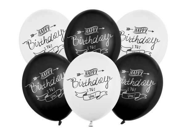 Õhupallid mustad ja valged "Happy Birthday" kirjaga